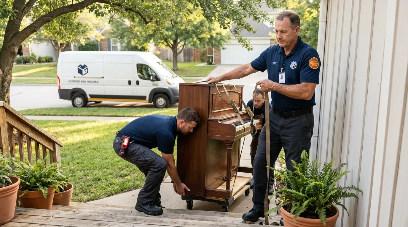 Licensed piano movers securing grand piano in Vieques, PR